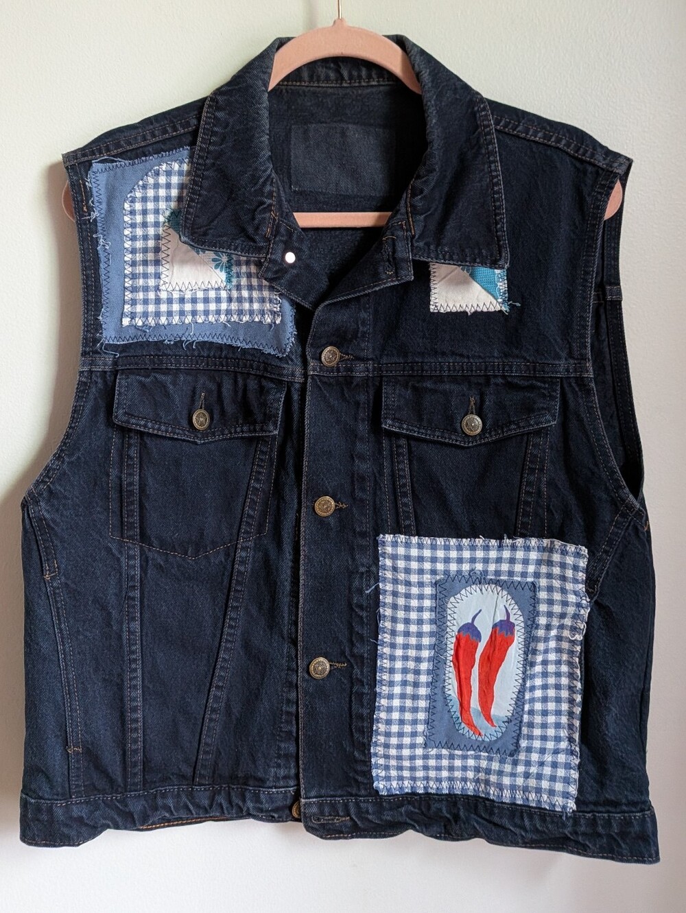 Handmade Navy Dark Wash Bohemian Artsy Pepper Patchwork Denim Vest Size Large